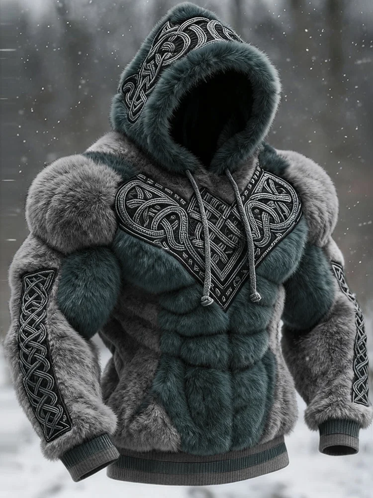 Men's Vintage Viking Tribal Jacquard Celtic Muscle Line Inspired Art Plush Warm Hoodie