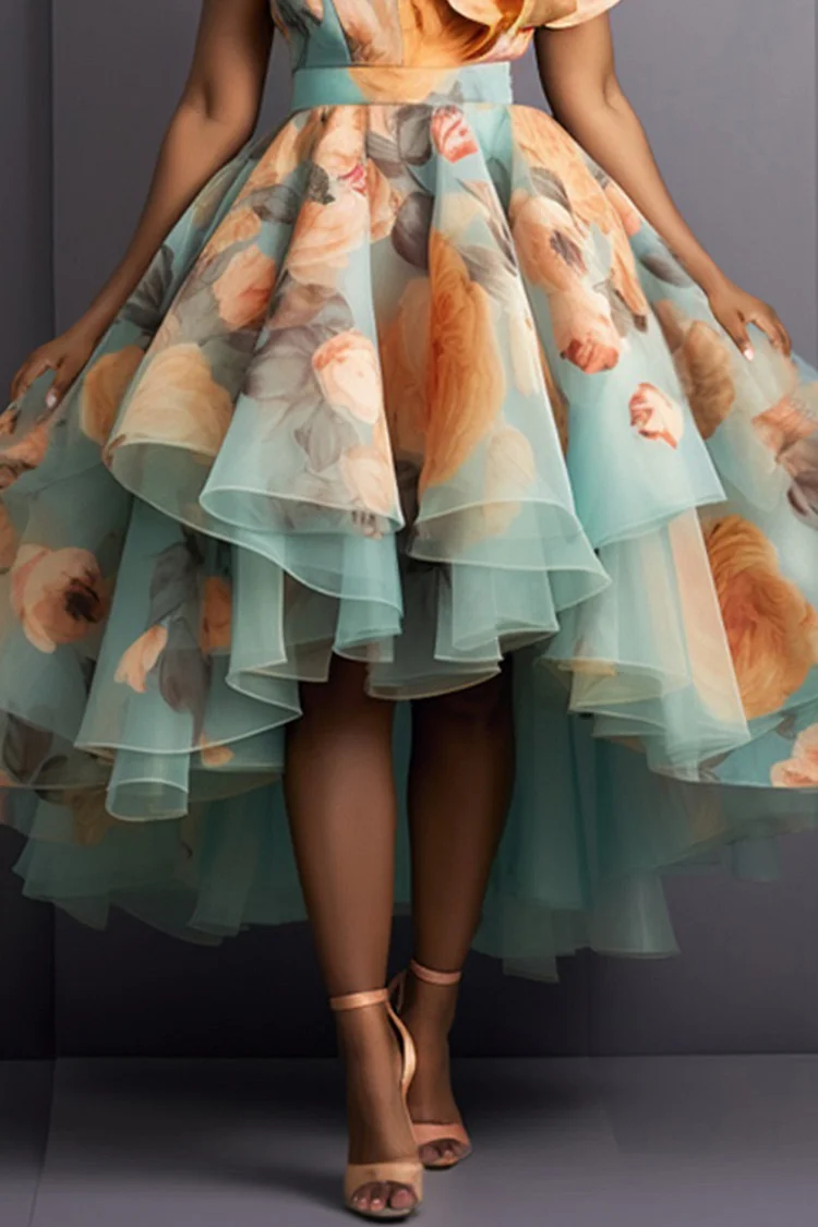 Xpluswear Design Plus Size Formal Multicolor Elegant Floral One Shoulder Ruffle High Low Hem Tulle Maxi Dresses [Pre-Order]