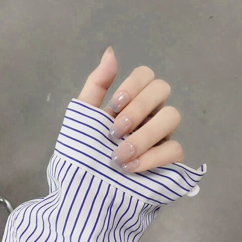 24pcs/box Wearable Finger Fake Nails press on Blue Grey Aurora Effect short size full cover Summer Patch  fake Fingernail tips-Nail Inspo