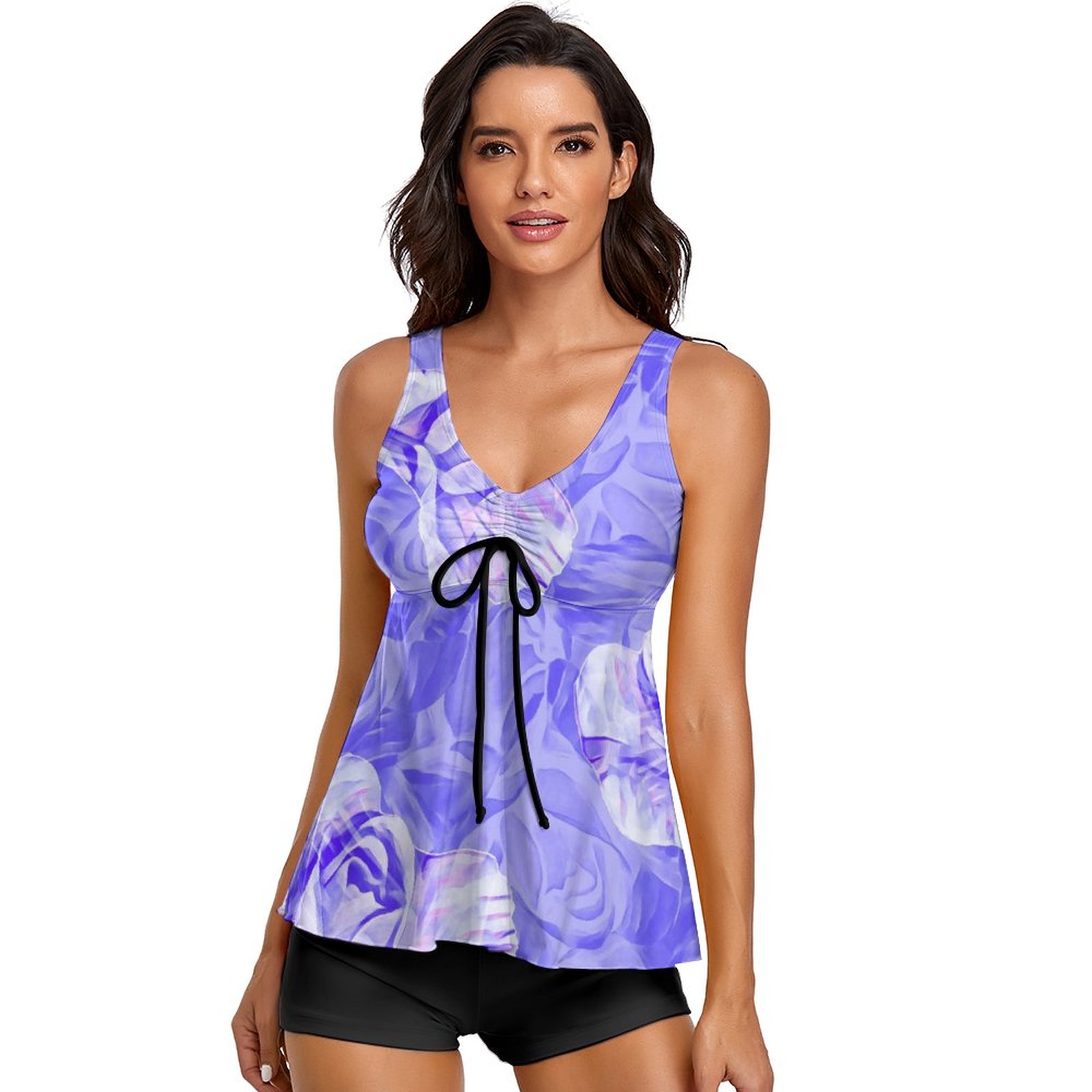 Women's Rose Two Piece Tankini Tummy Control Flowy Swimwear - Purple