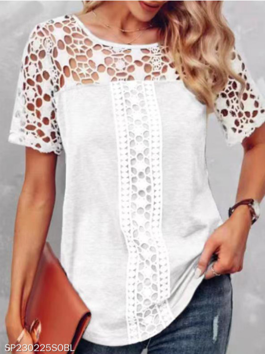 Women's Short Sleeve Scoop Neck Lace Casual Top