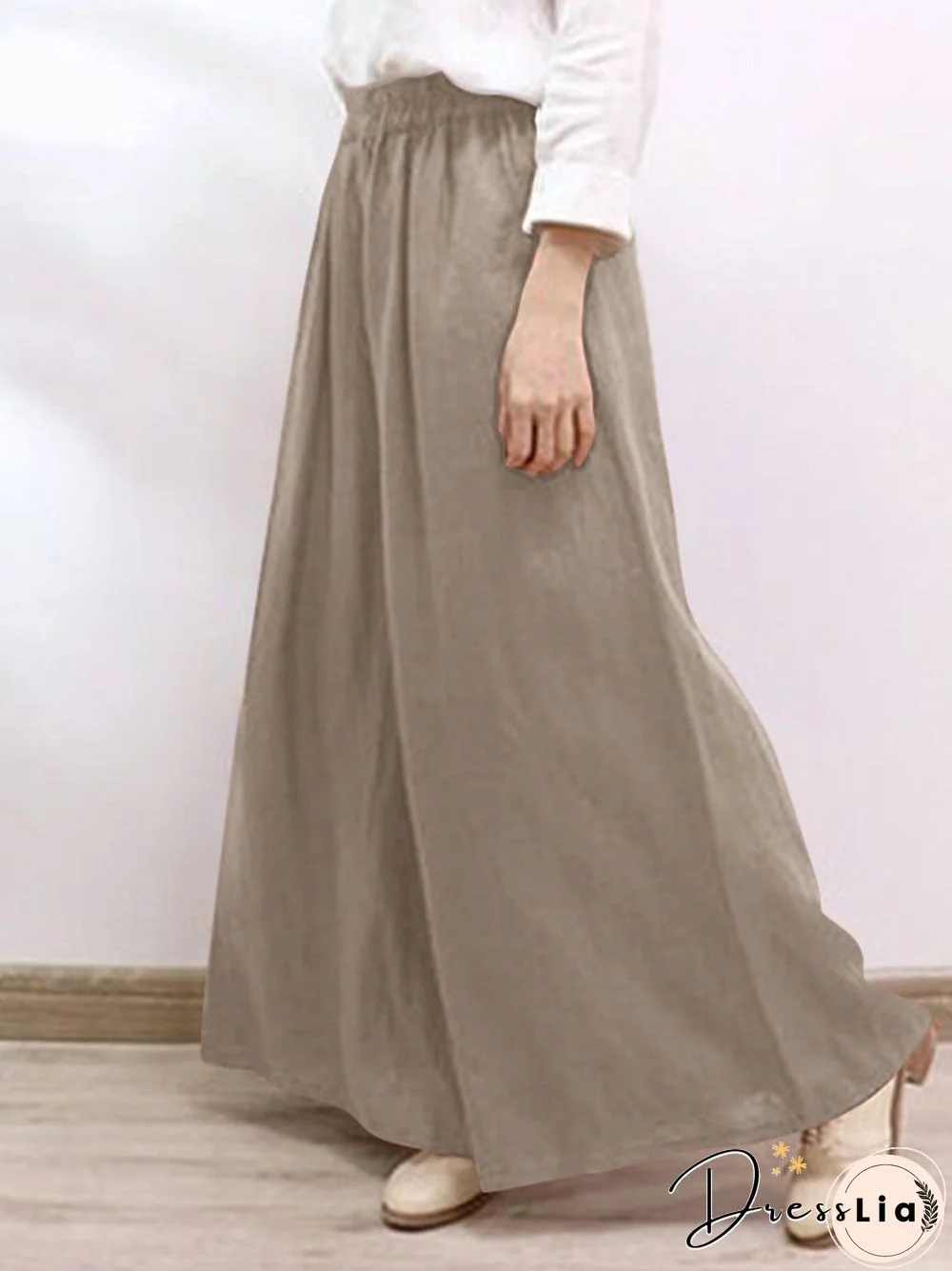 Solid Pocket Elastic Waist Wide Leg Casual Pants