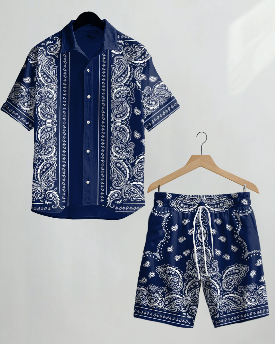Men's Big and Tall Casual Vacation Vintage Paisley Print Shirt Shorts Set