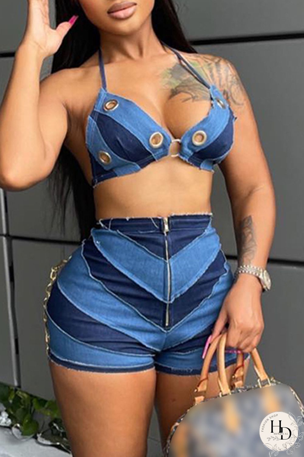 Black Gray Sexy Patchwork Bandage Hollowed Out Backless Contrast Halter Sleeveless Two Pieces