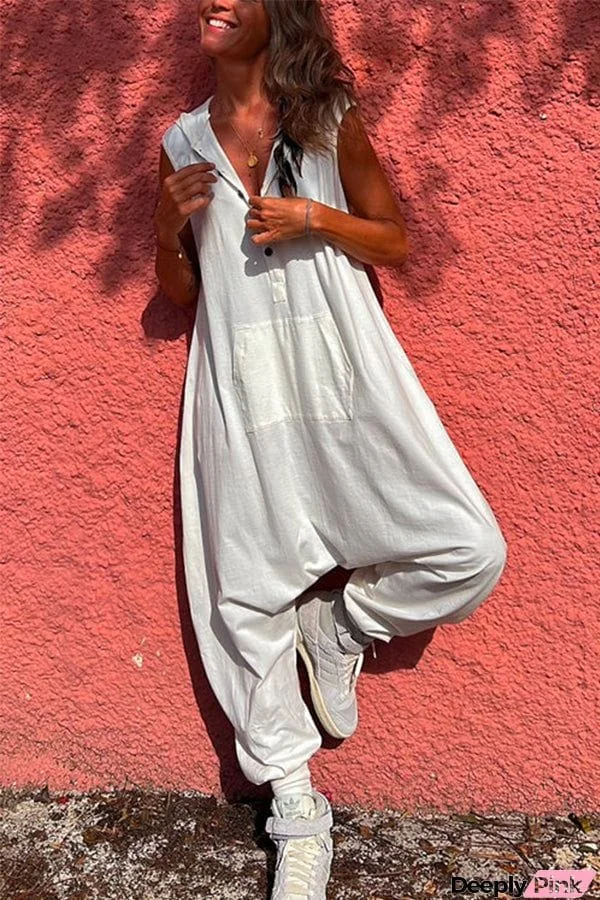 Button Down Hoodied Sleeveless Baggy Jumpsuit