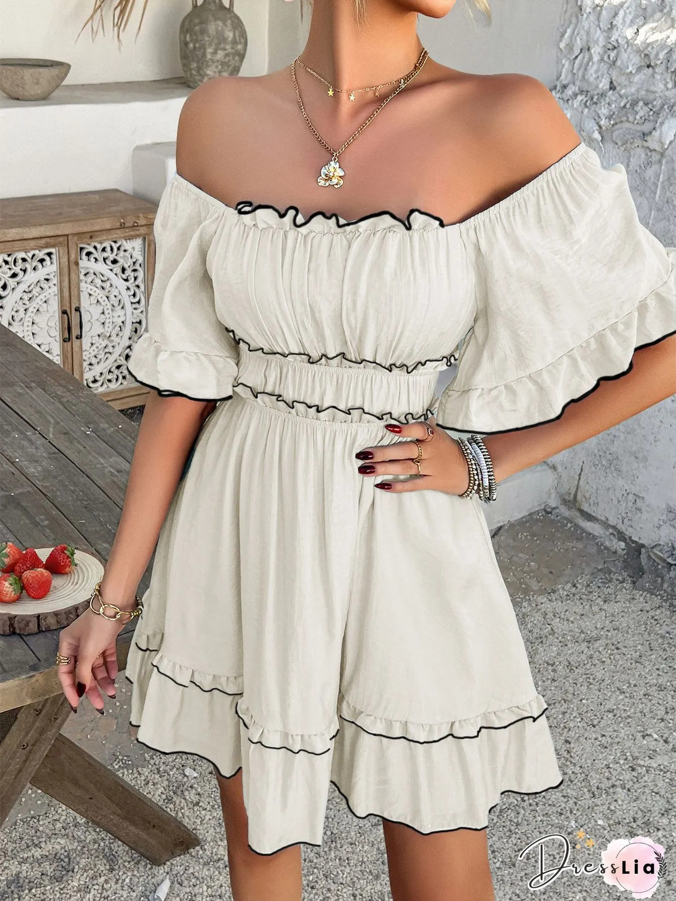 Sexy Striped V-neck Fungus Sleeve Lace-up Nightclub Dress