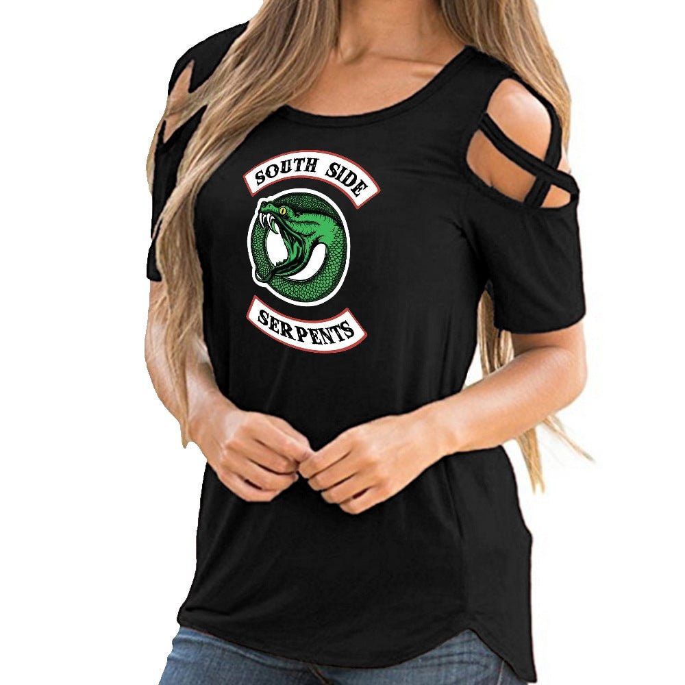Riverdale T-shirts Printed Round Neck Cross Hollow Off-shoulder Casual Tops