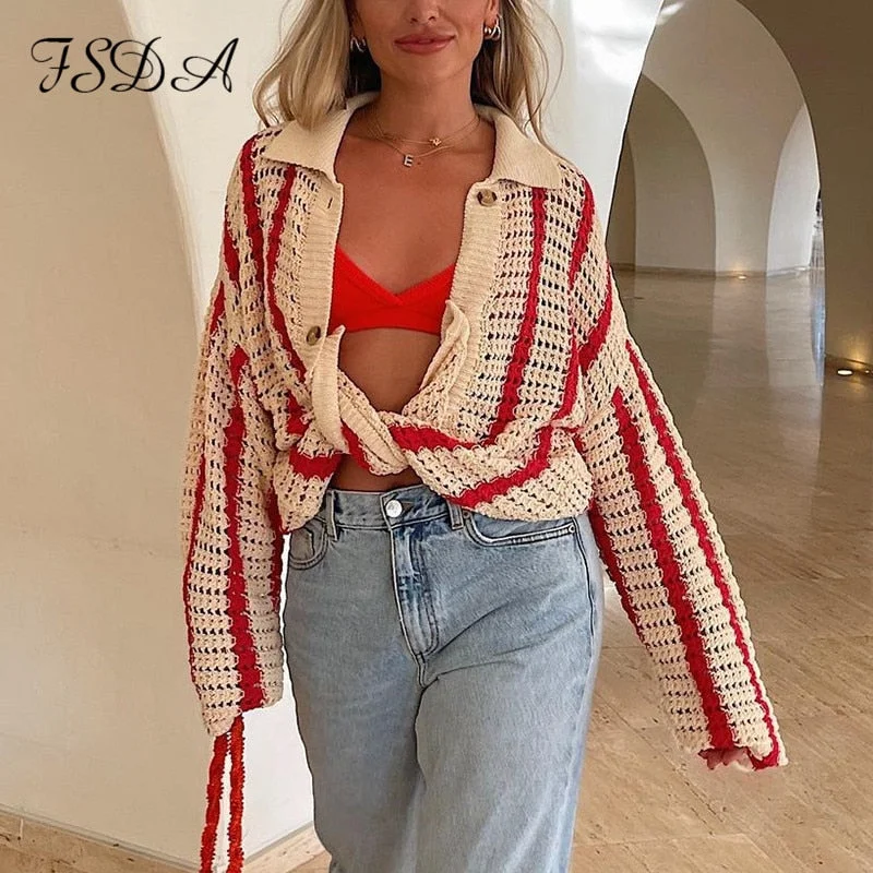 FSDA Knitted Long Sleeve Cardigan Women Red Stripe Loose Autumn Winter Fashion Casual Sweater Top V Neck Oversized