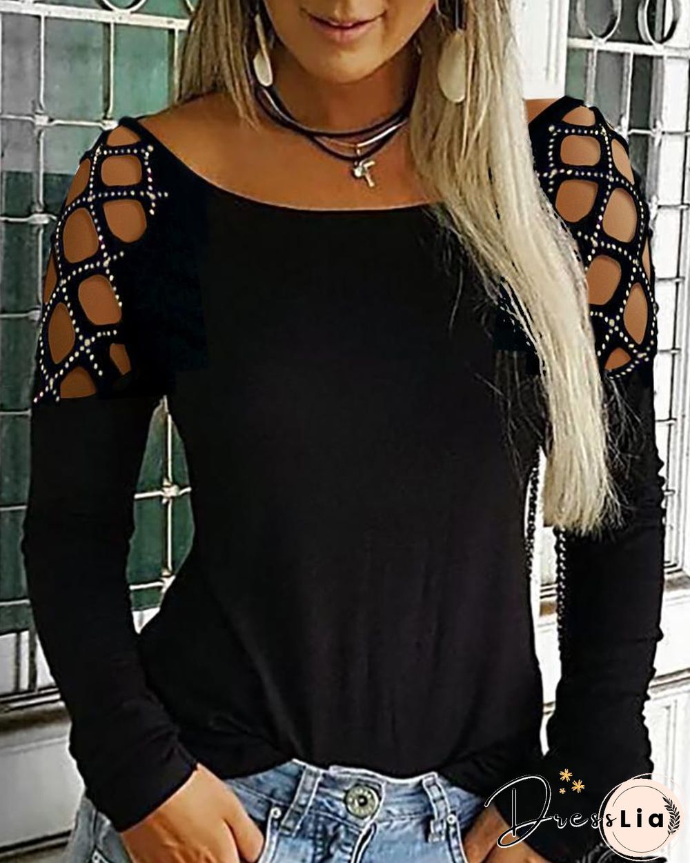 Studded Cutout Long Sleeve Casual Top P15627