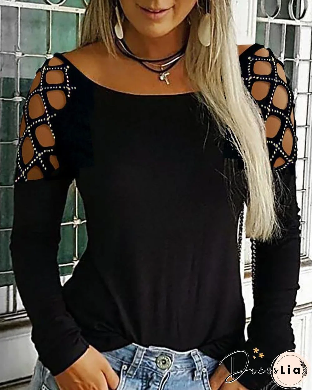 Studded Cutout Long Sleeve Casual Top P15627
