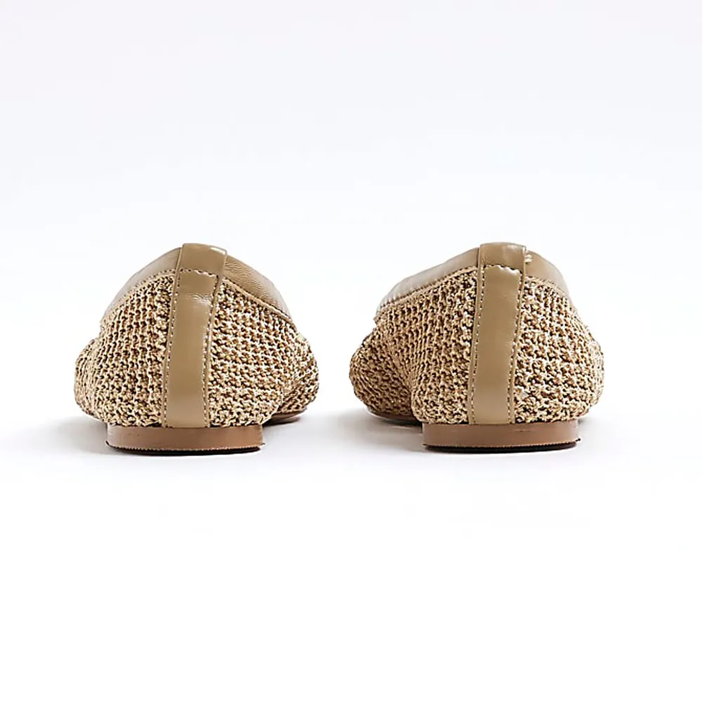 Beige Round Toe Crochet Gold Metal Strap Flat Shoes for Women