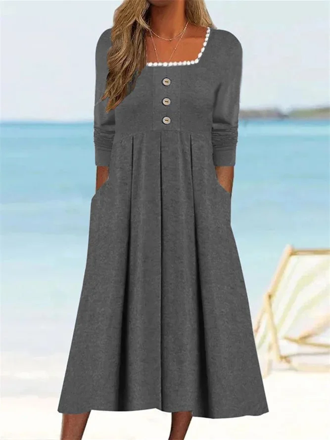 Women's Long Sleeve Square Collar Lace Stitching Midi Dress