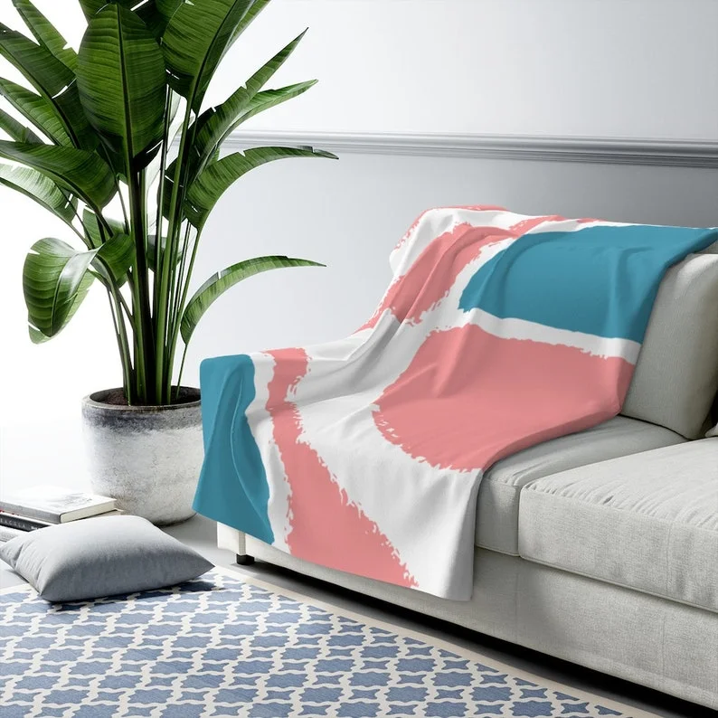 Mid Century Modern Pink and Turquoise Teal Cozy Retro Sherpa Fleece Blanket