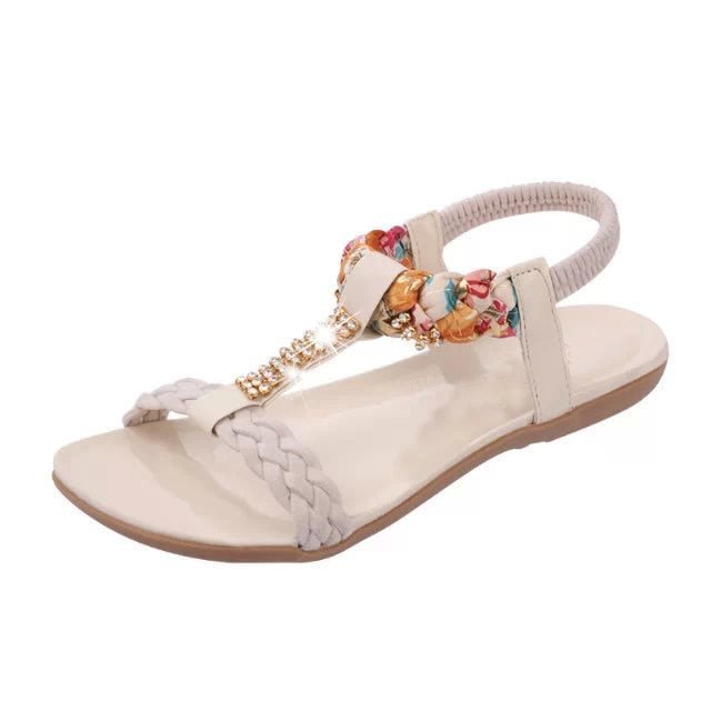 Women Sandals Summer Flat Heel Bohemian Sandals 2019 New Rhinestone Mixed Color Ladies Elastic Band Open Toes Beach Shoes