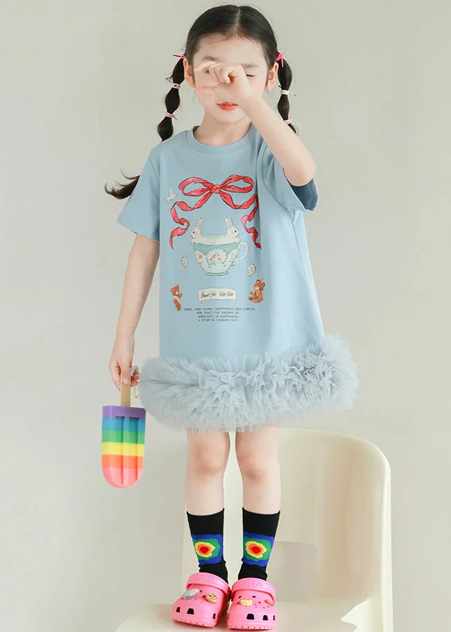 Blue Tulle Patchwork Girls T Shirt Dresses O-Neck Short Sleeve