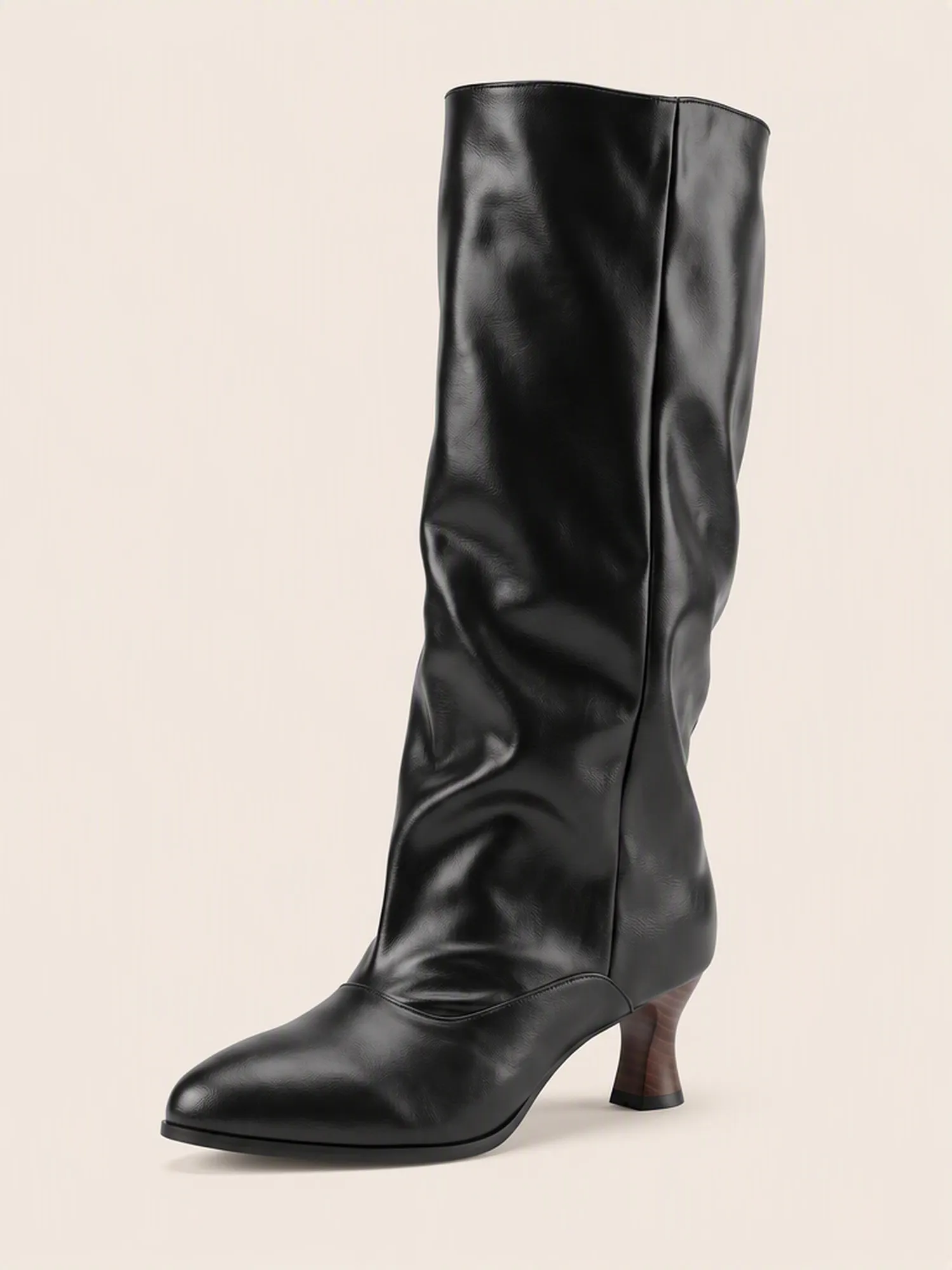 Slouchy PU Leather High Heel Boots, Knee-High Long Boots