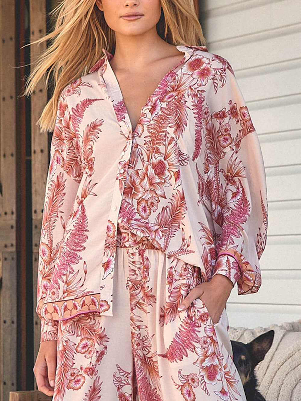 Warm Holiday Floral Printed Loose Button Oversized Shirt