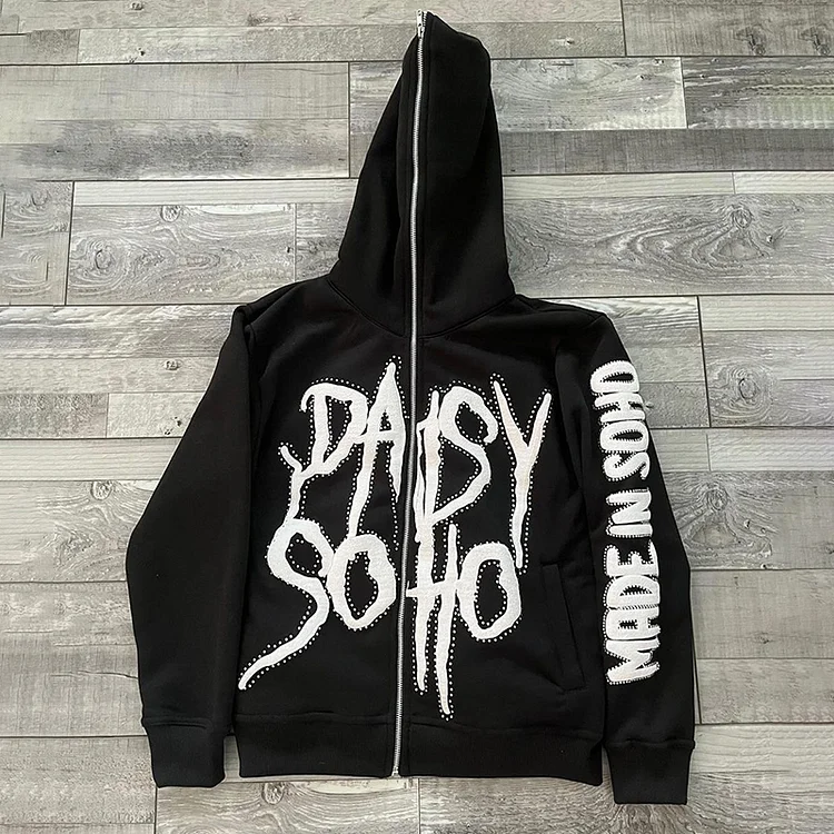 Fashionable Daisy Puff Print Fleece-lined Full Zip-ups Hoodie