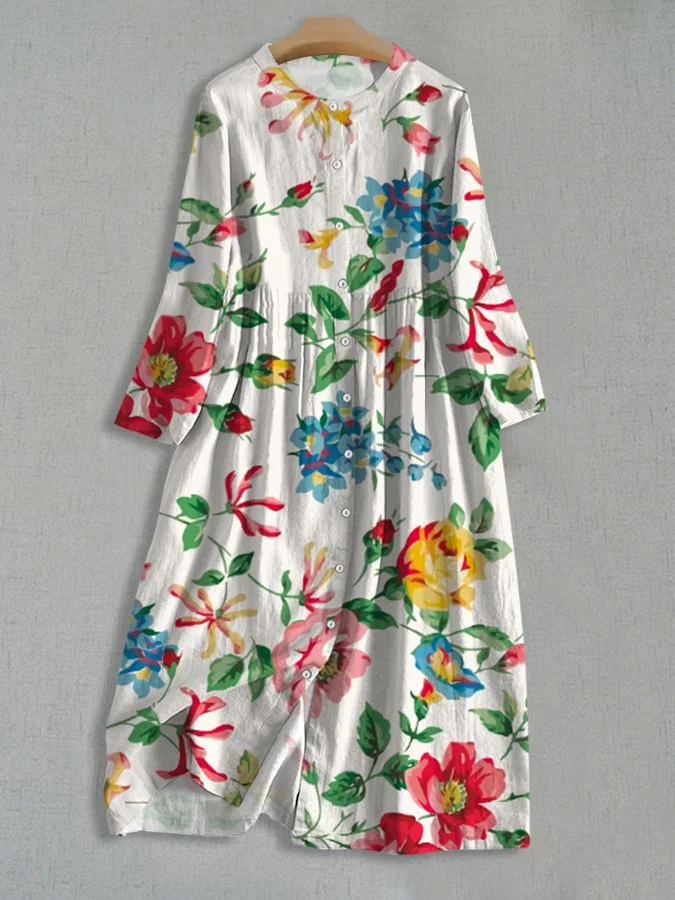 Women's Art Botanical Floral Print Single Breasted Dress