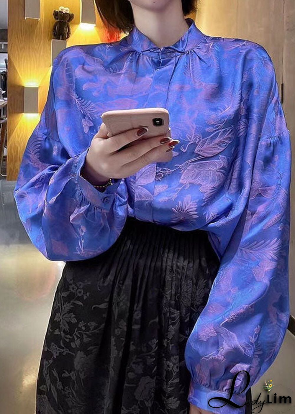 Beautiful Green Stand Collar Patchwork Jacquard Silk Blouses Fall