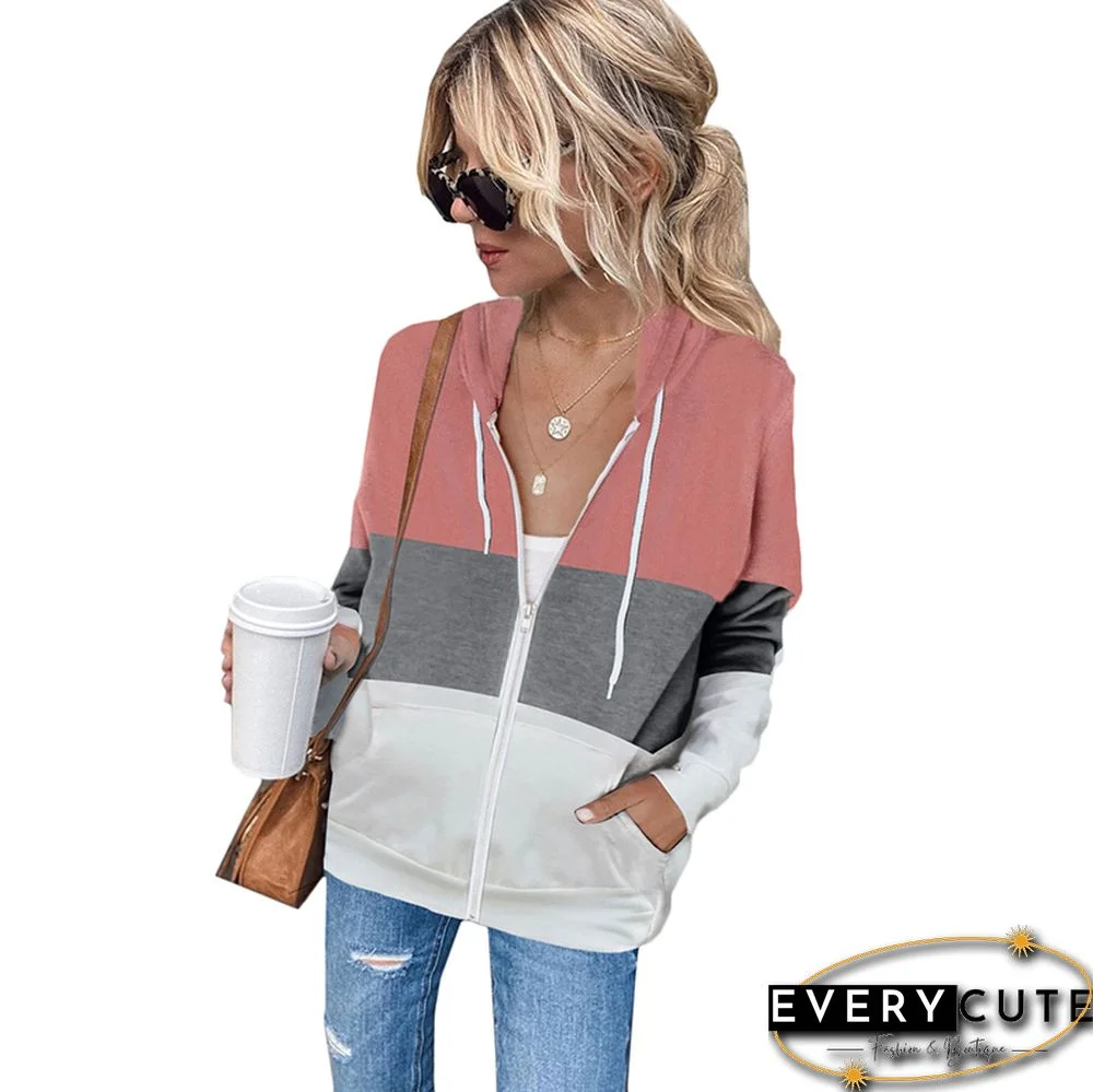 Pink Color Block Zip Kangaroo Pocket Hoodie