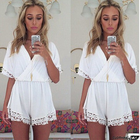 Sexy V-Neck White Lace Piece Pants