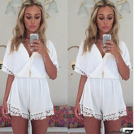 Sexy V-Neck White Lace Piece Pants