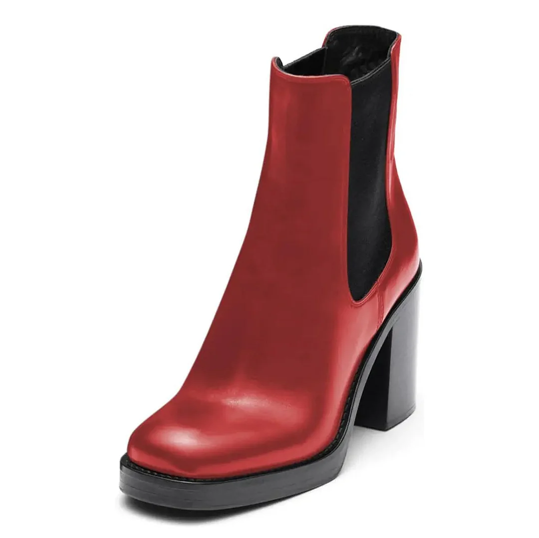 Red Vegan Leather Square Toe Chunky Heel Chelsea Boots Women