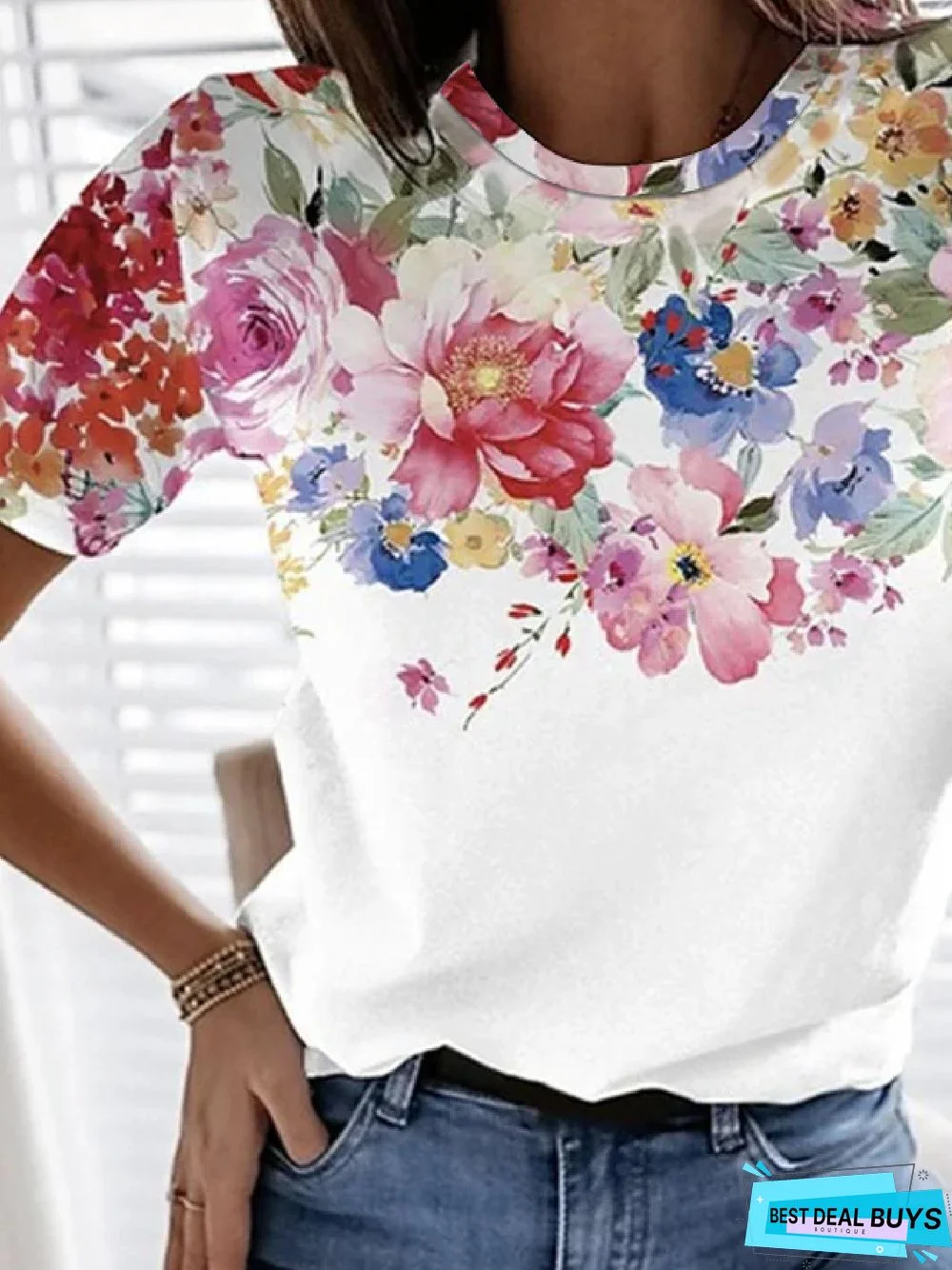 Casual Floral Crew Neck Short Sleeve T-Shirt