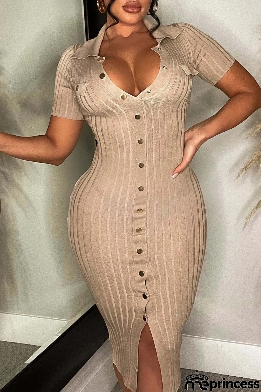 Khaki Casual Solid Patchwork Turndown Collar Short Sleeve Dress