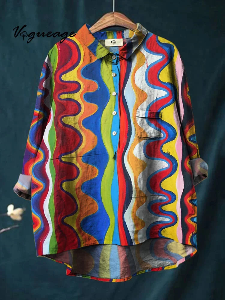 Fashionable Colorful Wavy Vertical Stripes Printed Cotton And Linen Shirt