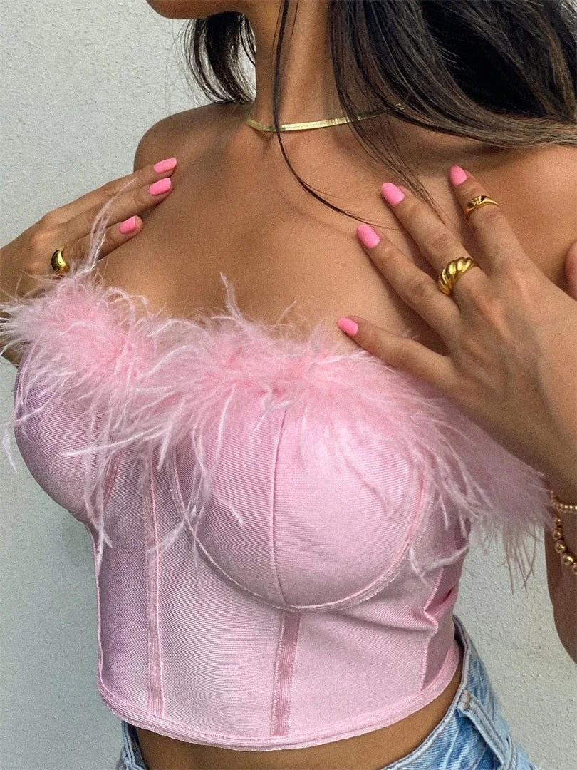 wsevypo Women Feather Patchwork Tube Top Chic Summer Strapless Crop Top for Club Party 2022 Off-Shoulder Strapless Tops