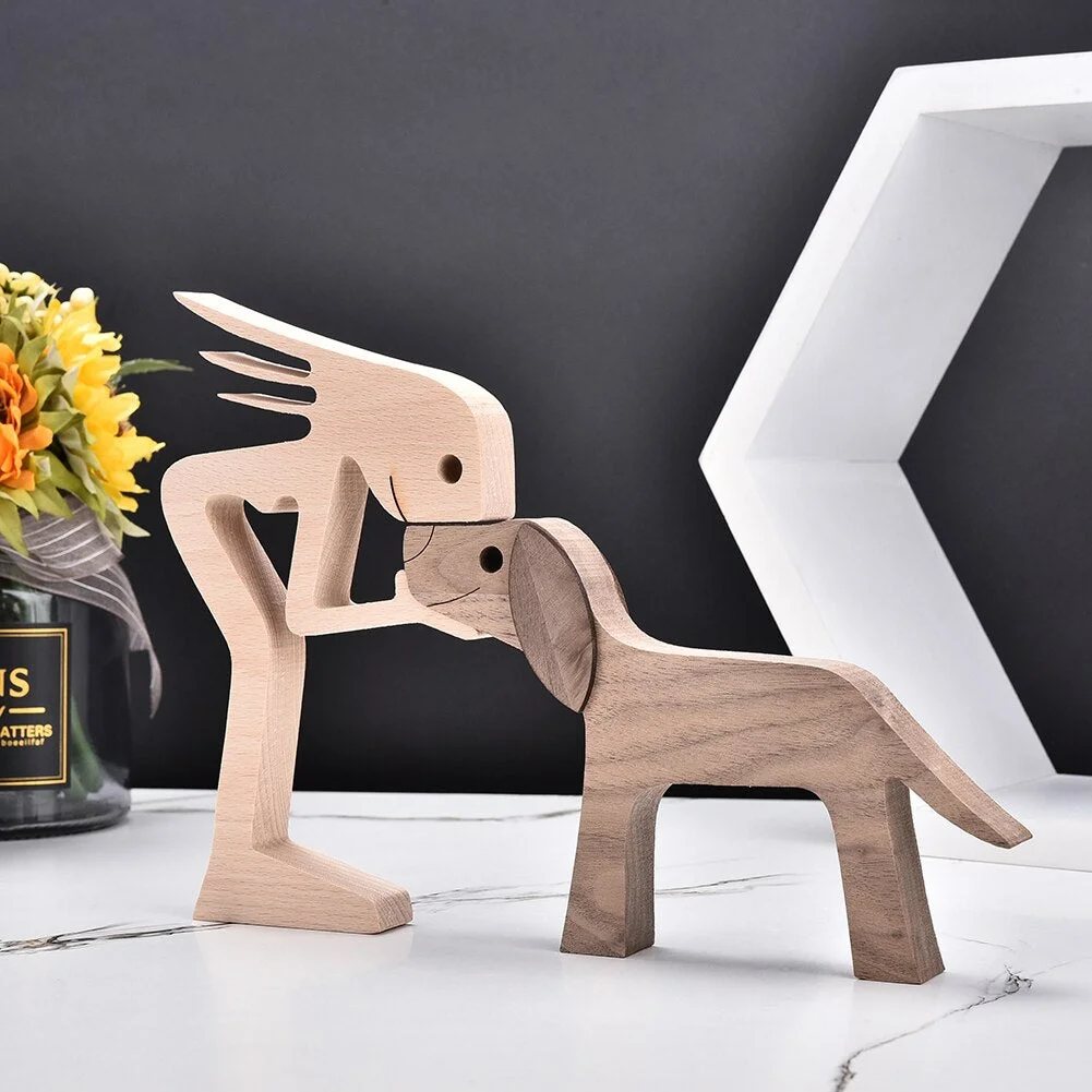 Wood Puppy Family Table Figurin Decor Ornaments Wooden Dog Craft Statue Home Decoration Cute Human and Pets Sculpture Craft Gift