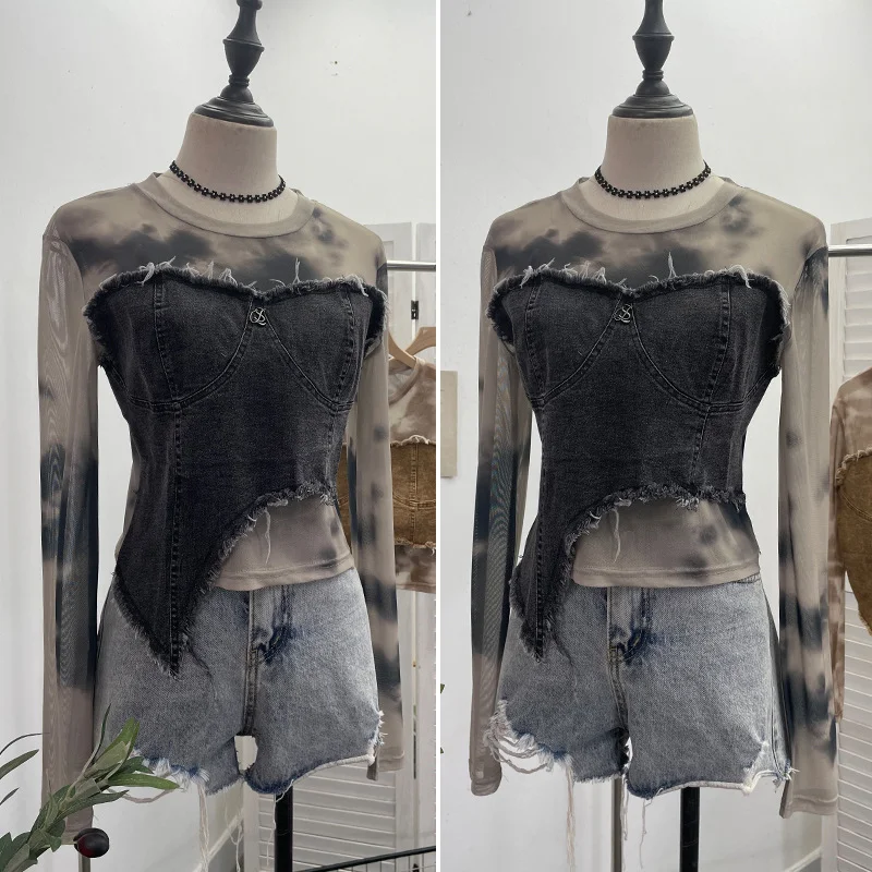 Uveng Vintage Dye Mesh Spliced Denim Shoulder Long-Sleeved T-Shirt T-Shirt T-Shirt Dress 2617