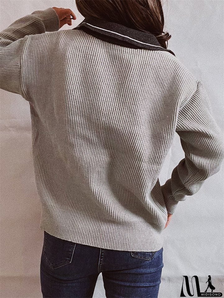 MidiSono - Casual Lapel Contrast Color Sweaters With Pocket