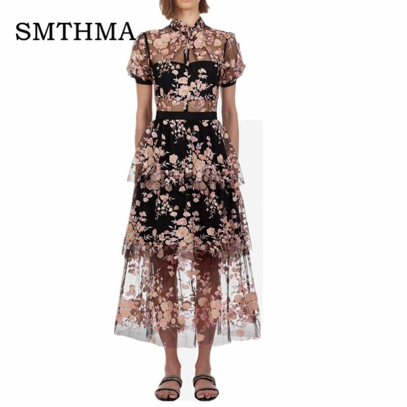 SMTHMA High Quality Self Portrait Dress 2022 New Arrive Mesh Embroidery Sequins Flower dress Chic Summer Maxi Long Dress