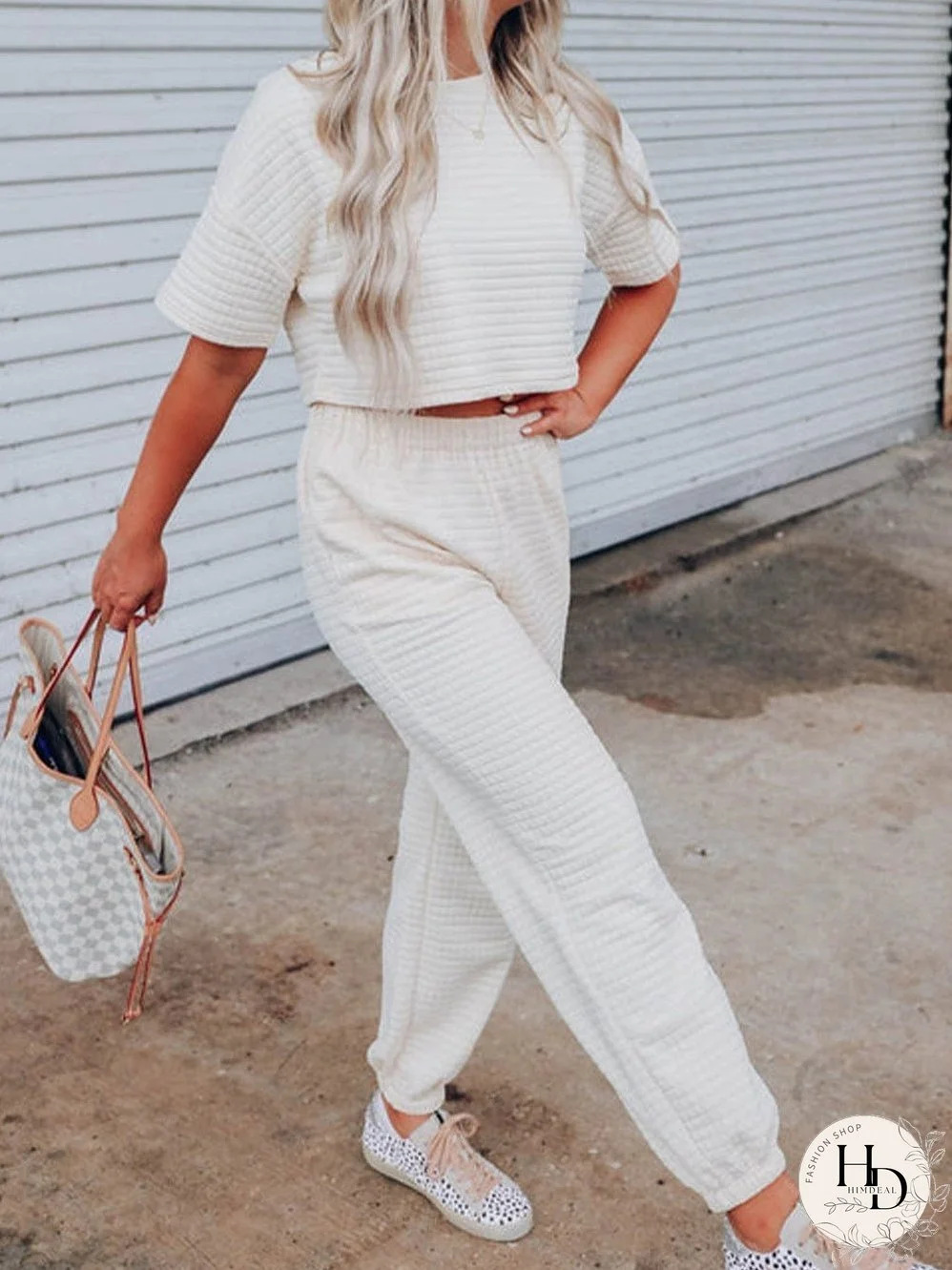 Chic White Textured Lattice Crop Top and Jogger Pants Ensemble