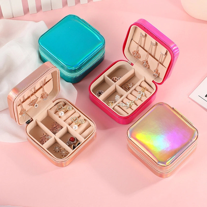 Jewelry Box Simple Mirror Pu Laser Jewelry Box Travel Portable Ear Stud Necklace Storage Box In Stock