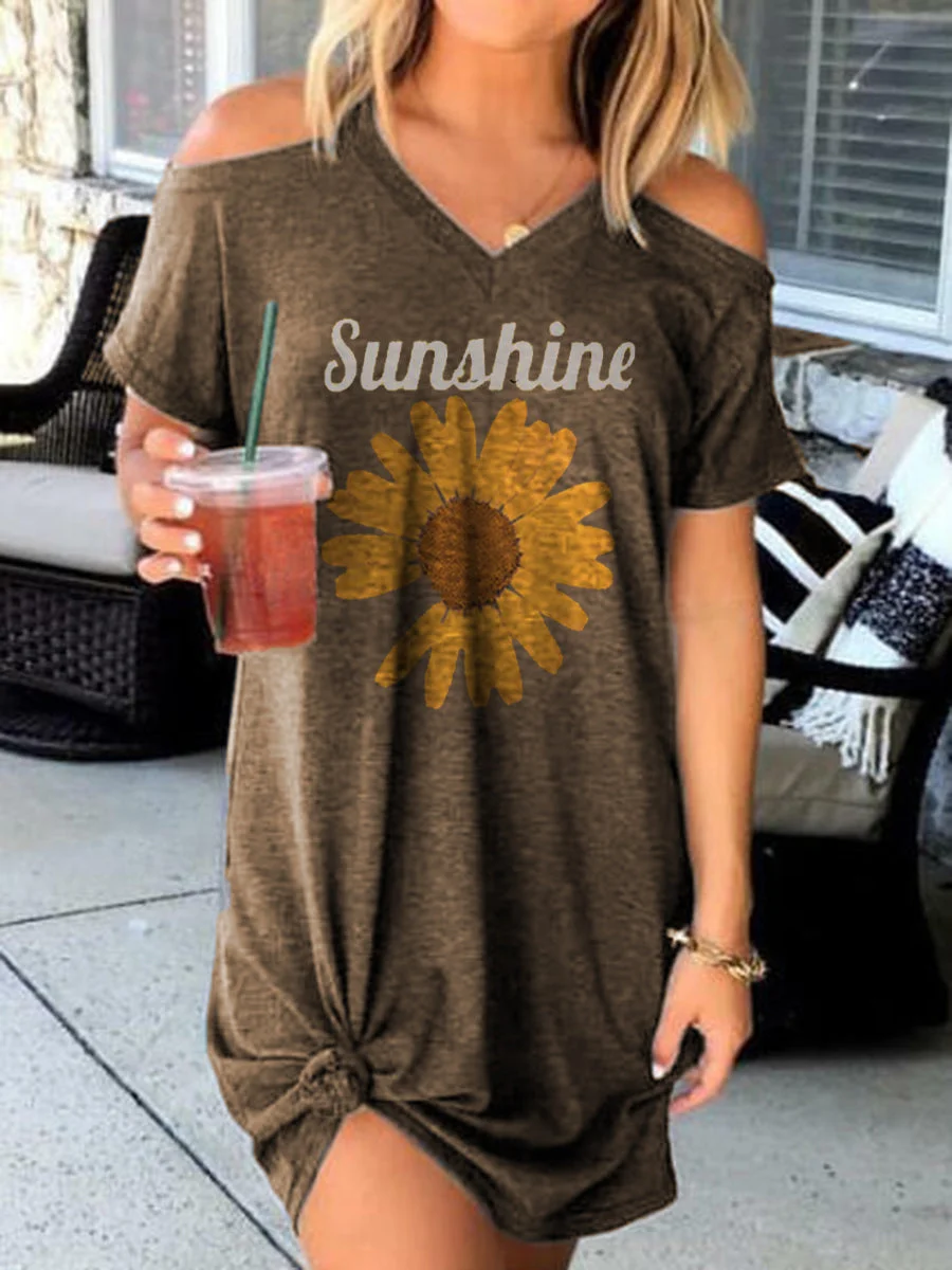 Sunshine Sunflower Off-the-shoulder Short Sleeve Dress