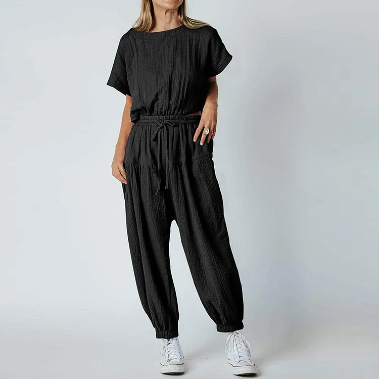 Pleated Loose Button Slit Jumpsuit