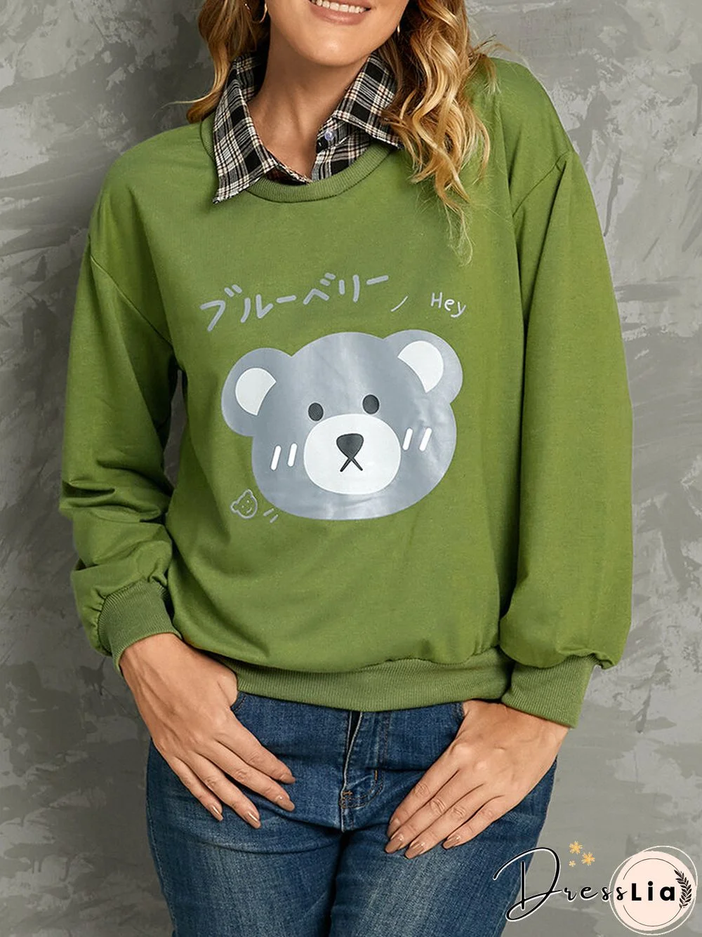 Cutie Bear Print Patchwork Plaid Lapel Collar Causal Sweatshirt