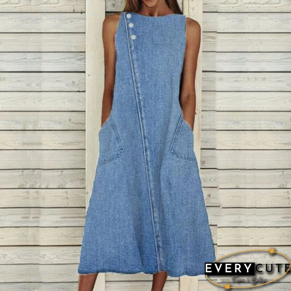 Back To School Outfit  Spring O-Neck Pocket Denim Party Dress Women Summer Tank A-Line Beach Dress Vestidos Casual Button Sleeveless Jeans Dresses