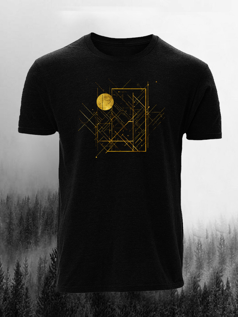 Men's Wireframe Round Gold Logo Print Casual Short Sleeve T-shirt