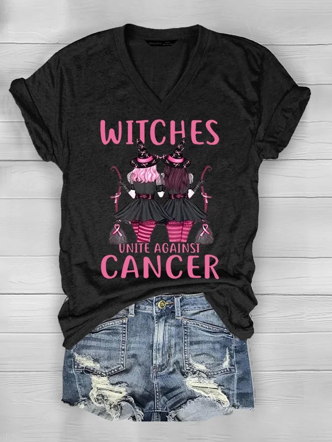 Women's Witches Unite Against Cancer Breast Cancer Awareness V-Neck Tee socialshop