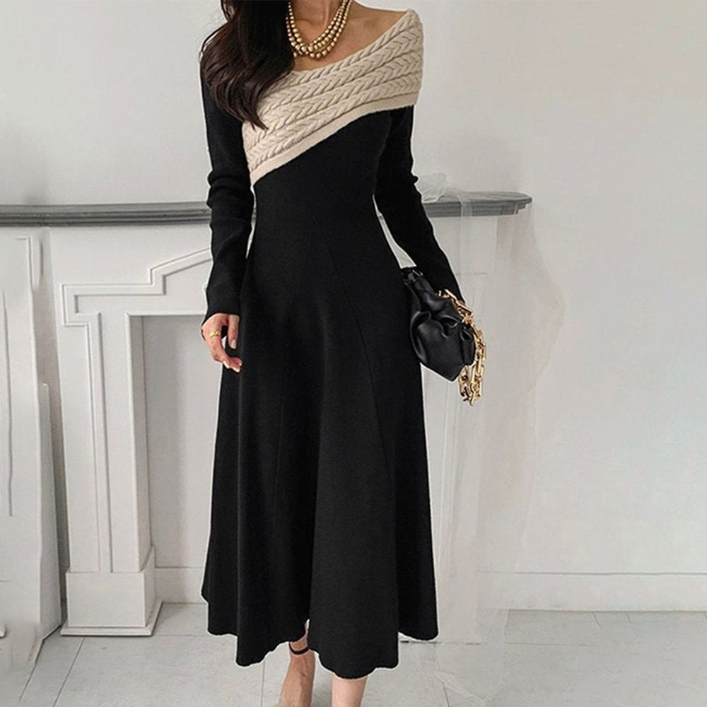 Chic Long Sleeve Black Midi Dress
