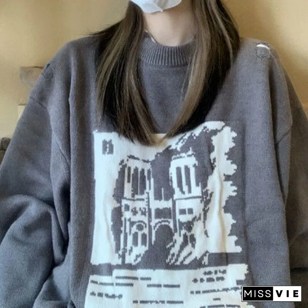Grunge Gothic Streetwear Printed Oversize Sweater Women Punk Harajuku Vintage Grey Jumper Female Pullover Mall Goth Top