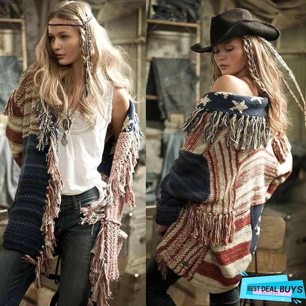 Fringed Medium and Long Cardigan Contrast Star Stripe Knitted Sweater
