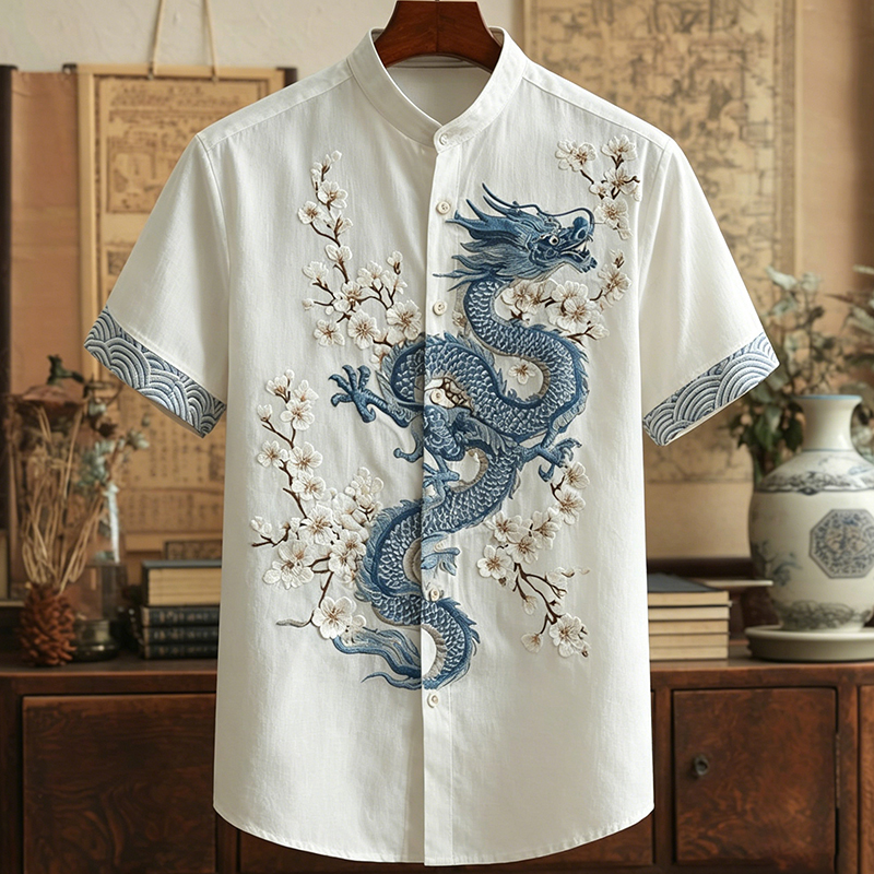 Men's Japanese Dragon And Floral Art Linen Blend Short-sleeve Shirt elevenforest