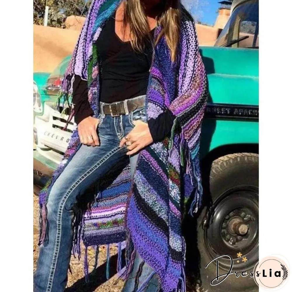 Color-Block Long Sleeve Tassel Knitted Outerwear
