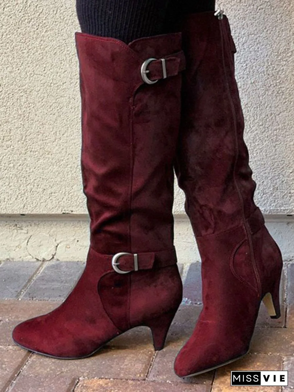 Simple Plain Adjustable Buckle Zipper Mid Calf Boots